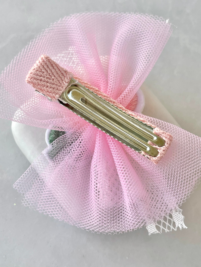 Çiçek İşlemeli Tül Fiyonk Pens Toka Pembe