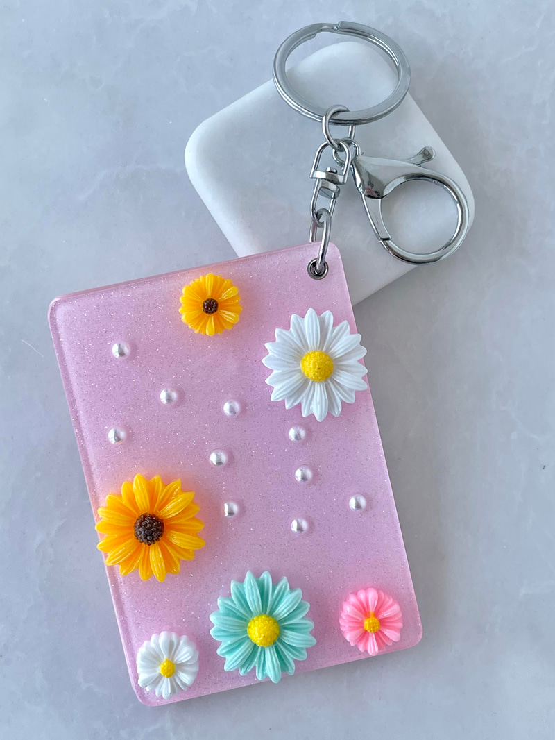 Çiçekli Aynalı Anahtarlık / Çanta Aksesuarı Pembe