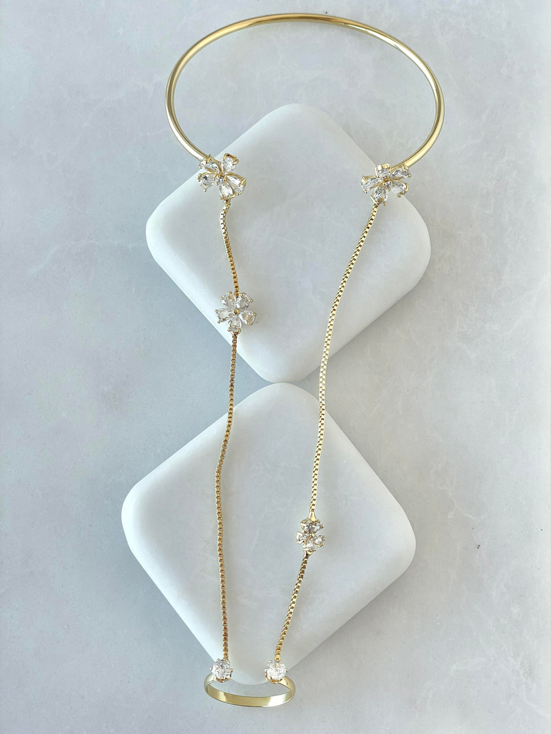 Altın Kaplama Minimal  Kristal Çiçek Yüzüklü Şahmeran Gold