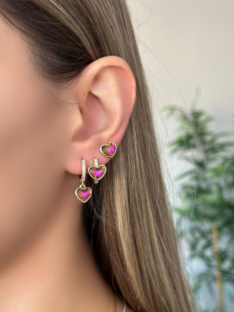 Özel Seri Üçlü Yansımalı Kristal Kalp Küpe Pembe
