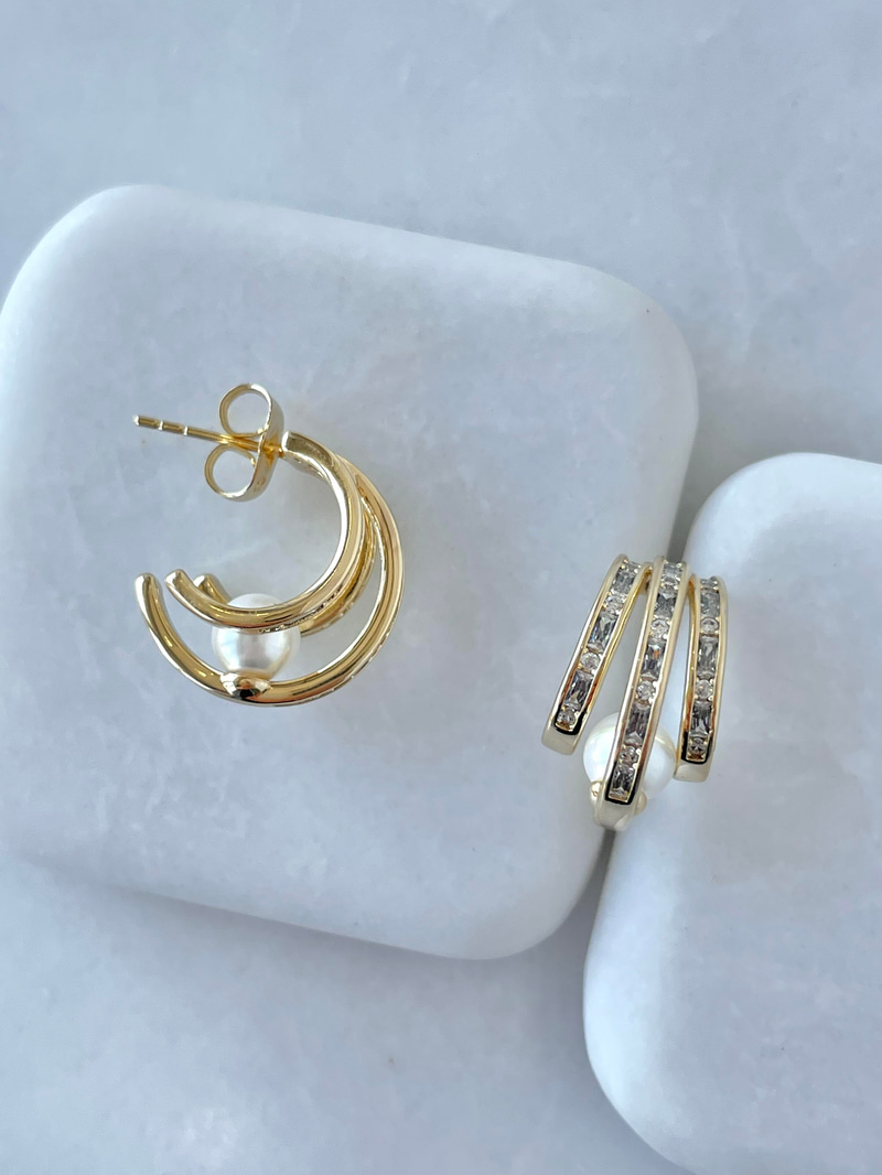 Özel Seri İncili Kristal Taşlı Üçlü Görünüm Küpe Gold