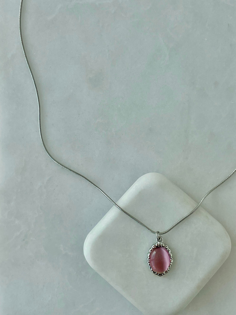Çelik Opal Taşlı Etnik Desen Kolye Pembe-Gümüş