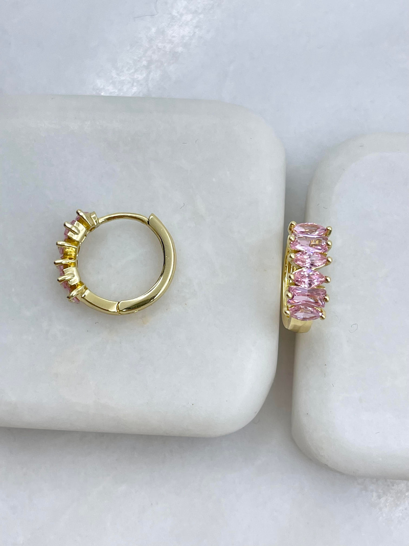 Özel Seri Pembe Kristal Taşlı Halka Küpe Gold