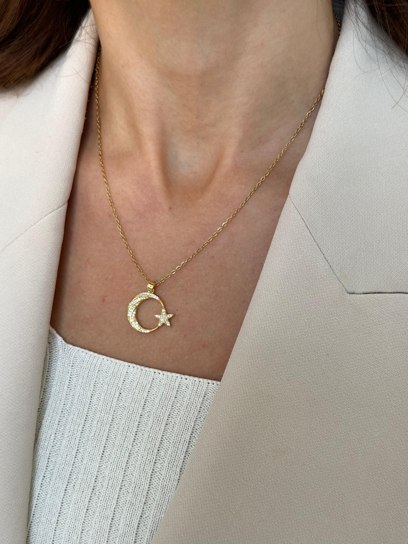 Çelik Ay Yıldız Kolye Gold