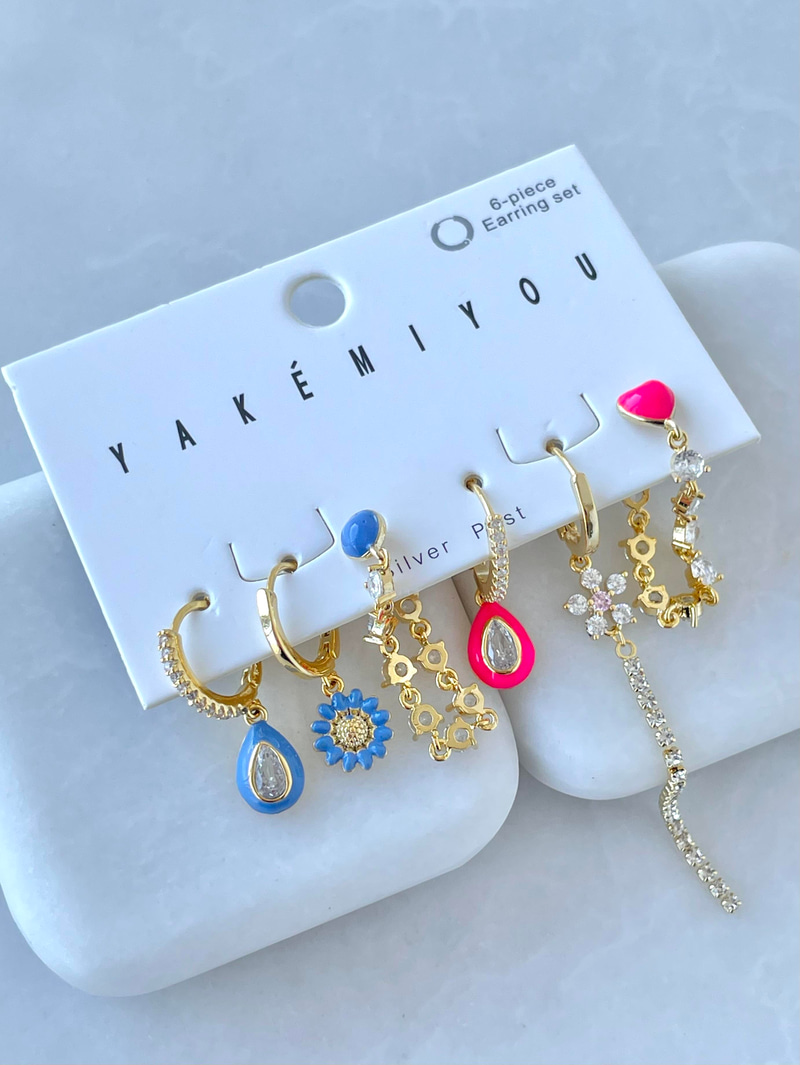 Özel Seri Altılı Renkli Mineli Damla Kristal Model Küpe Gold