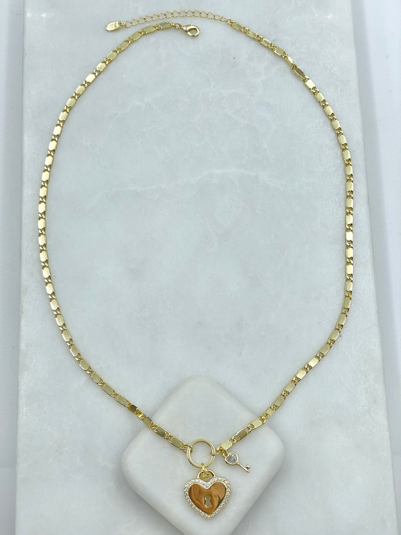 Altın Kaplama Anahtarlı Kalp Kilit Kolye Gold