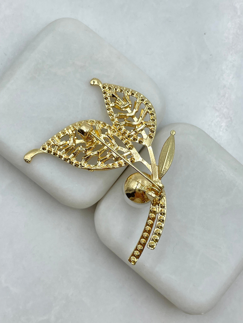 Gömme Taşlı İkili Yaprak Broş Gold