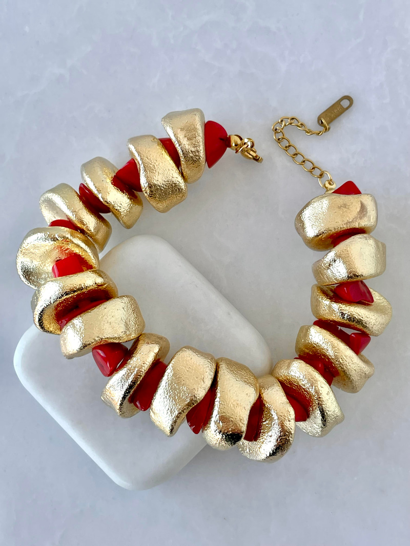 Gold ve Kırmızı Doğal Taş Görünümlü Bileklik