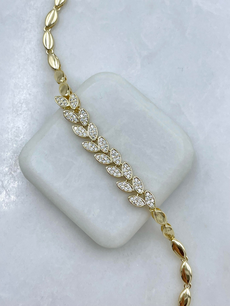 Altın Kaplama Gömme Taşlı Yaprak Model Arpa Zincir Bileklik Gold