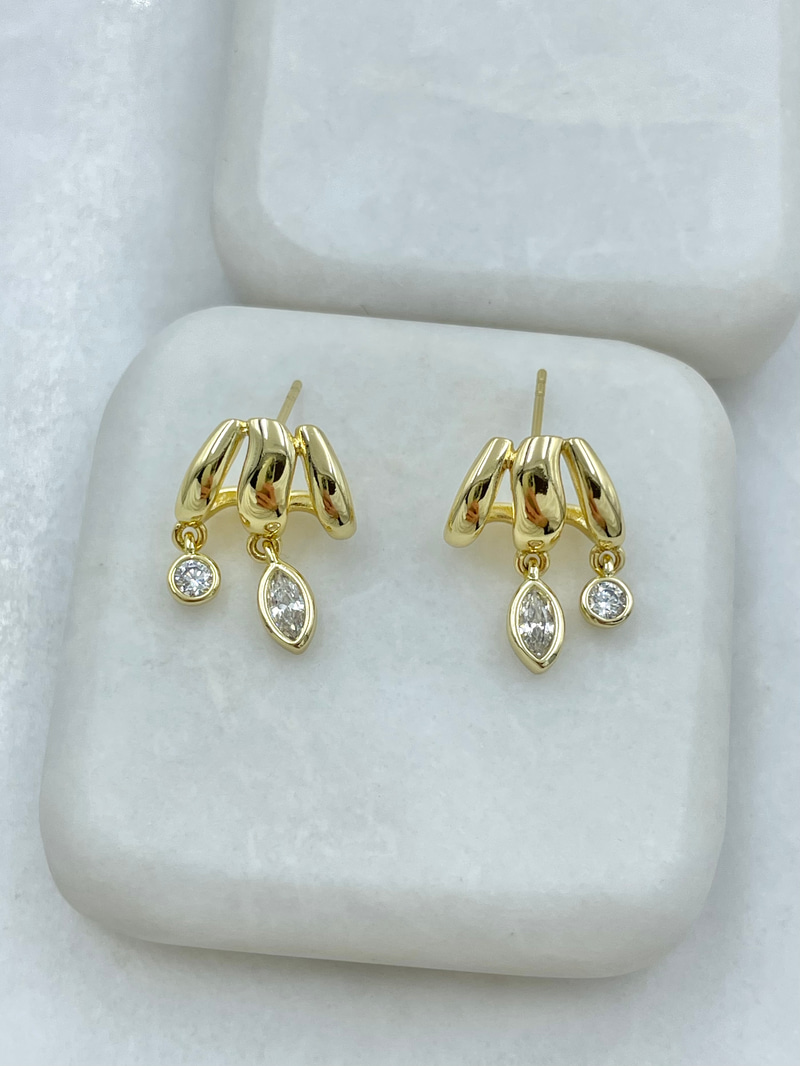 Özel Seri Üçlü Görünüm Kristal Taş Sallantılı Küpe Gold