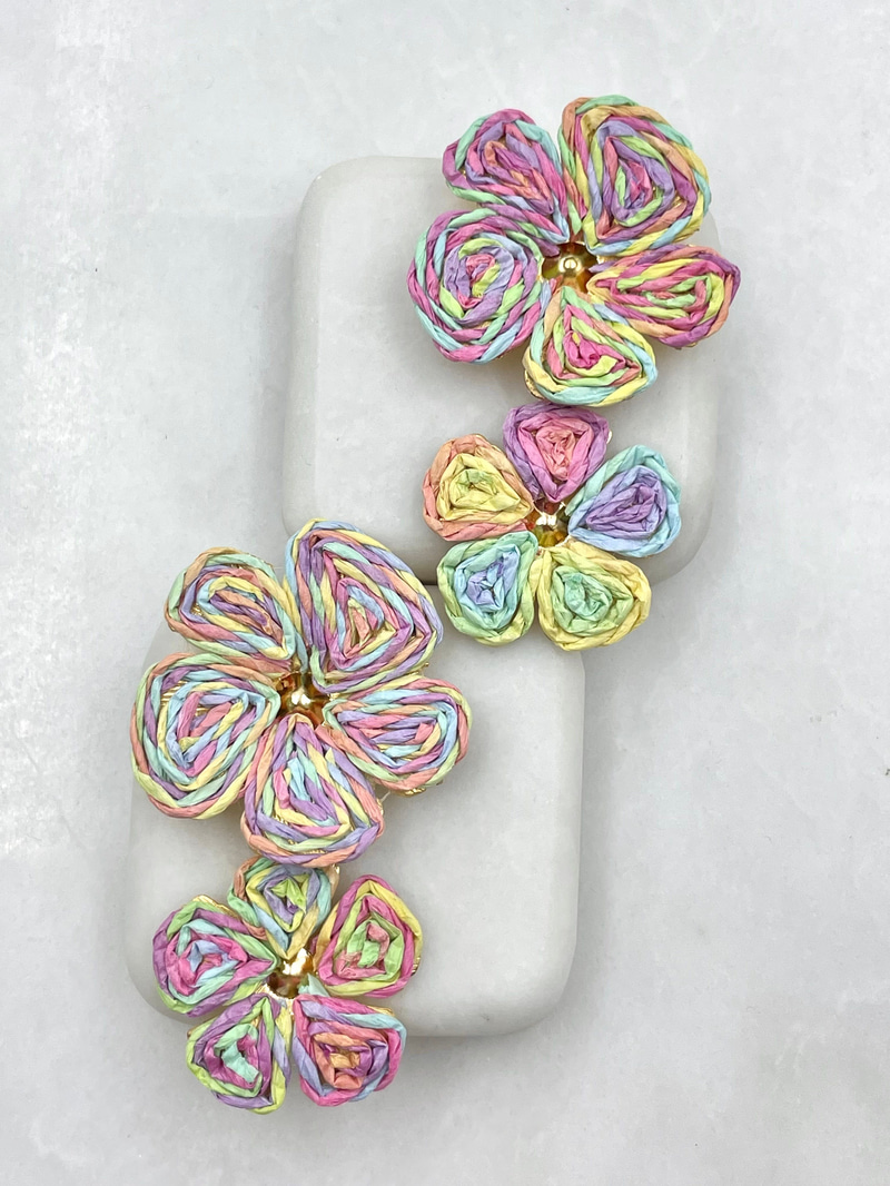 İkili Hasır Çiçek Küpe Pastel Renkli