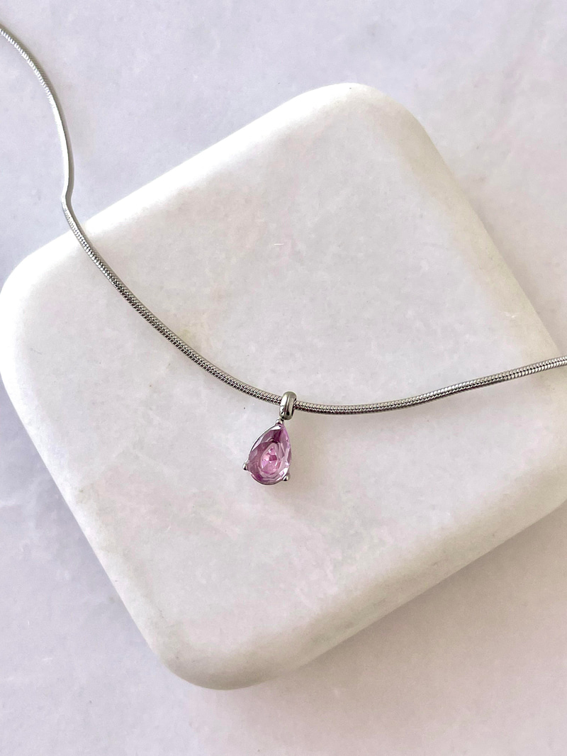 Çelik Minimal Pembe Kristal Sallantı Kolye Gümüş Renk