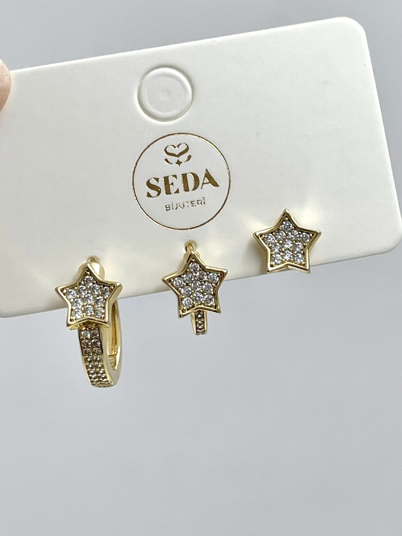 Özel Seri Gömme Taşlı Yıldız Model Üçlü Set Küpe Gold