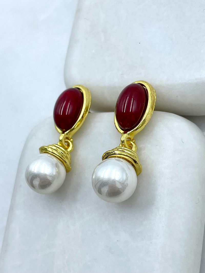 Altın Kaplama İnci Sallantılı Vintage Bordo Küpe Gold