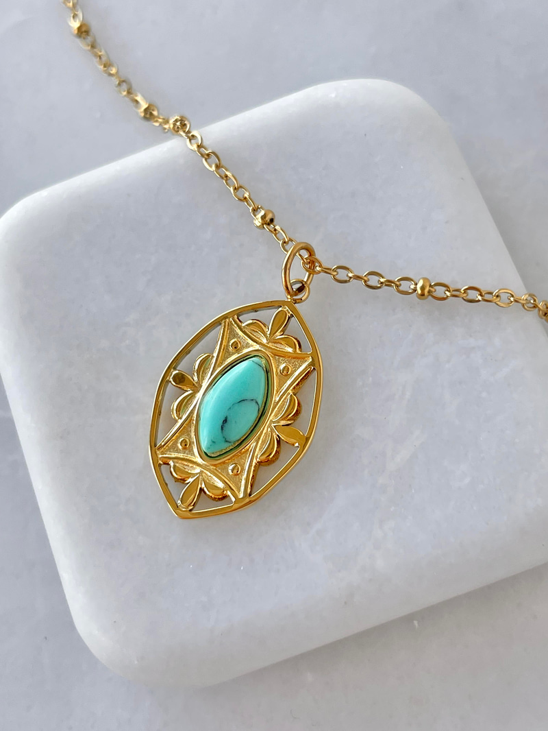 Çelik Etnik Turkuaz Doğal Taşlı Topçuk Zincir Kolye Gold