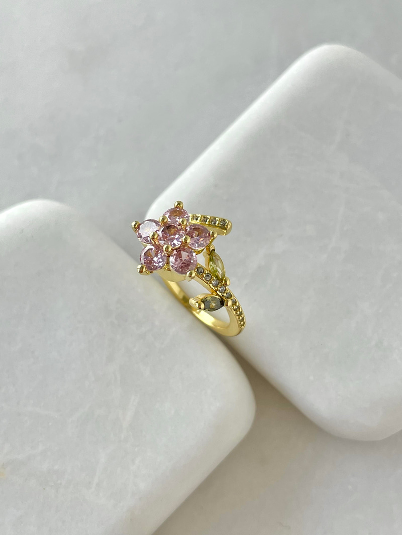 Altın Kaplama Pembe Kristal Dönen Çiçek Yüzük Gold