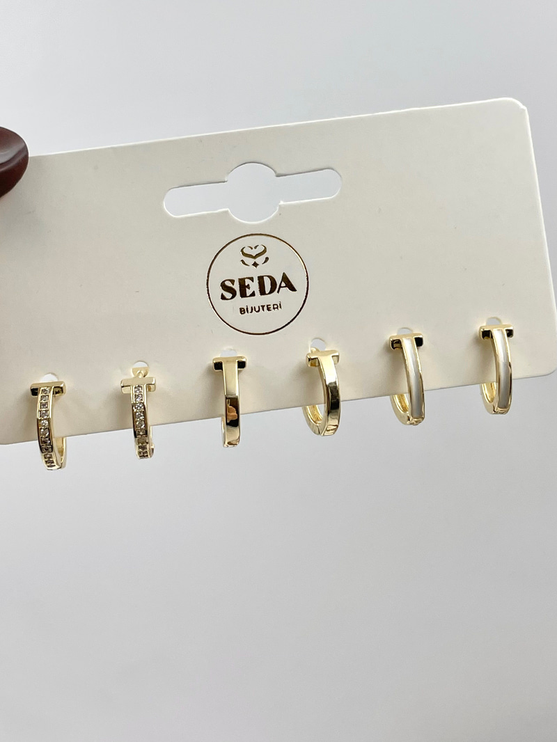 Sedefli ve Gömme Taşlı Çivi Model Altılı Set Küpe Gold