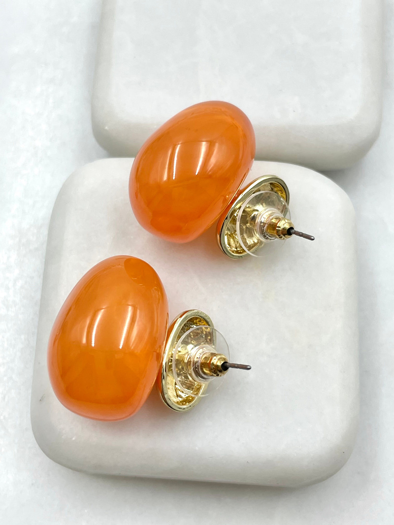 Gold Detaylı Opal Taşlı Vintage Oval Küpe Turuncu