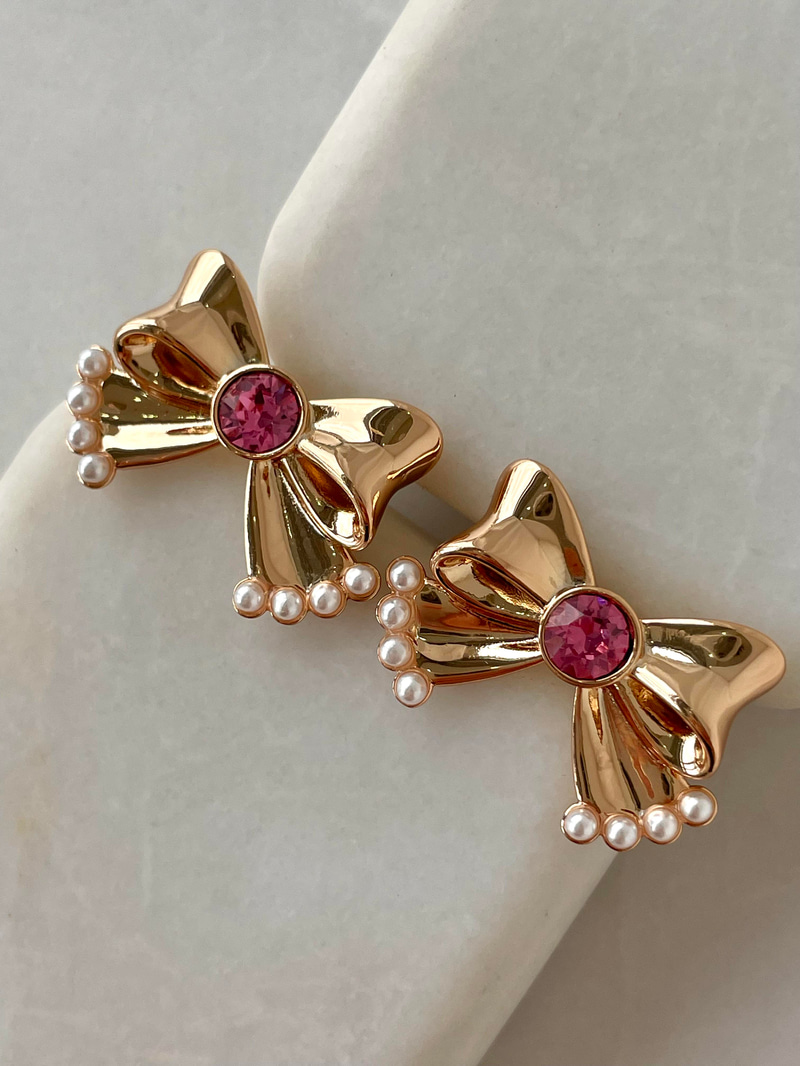 Özel Seri Kristal Taşlı ve İncili Fiyonk Küpe Pembe