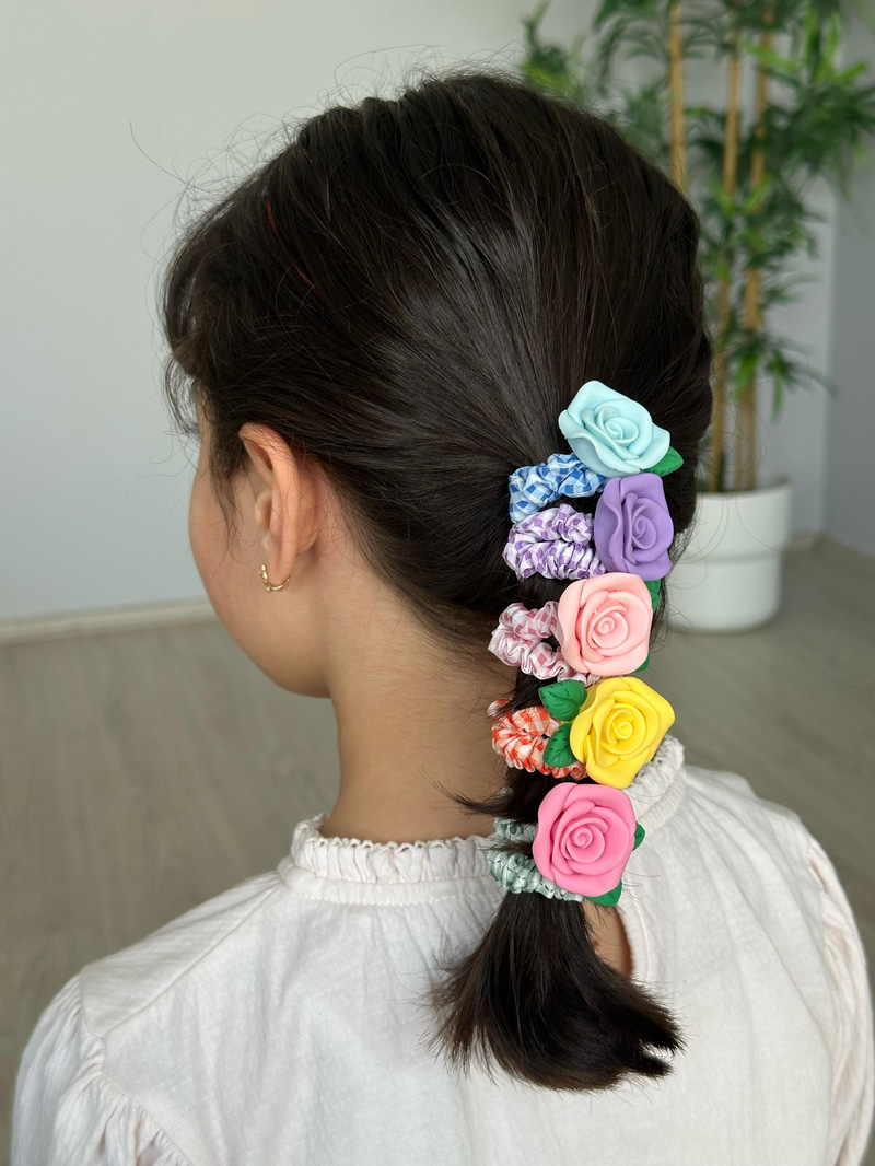 Gül Model Kareli Scrunchie Toka Toz Pembe