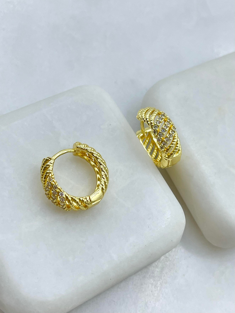 Altın Kaplama Gömme Taşlı Dalga Model Halka Küpe Gold