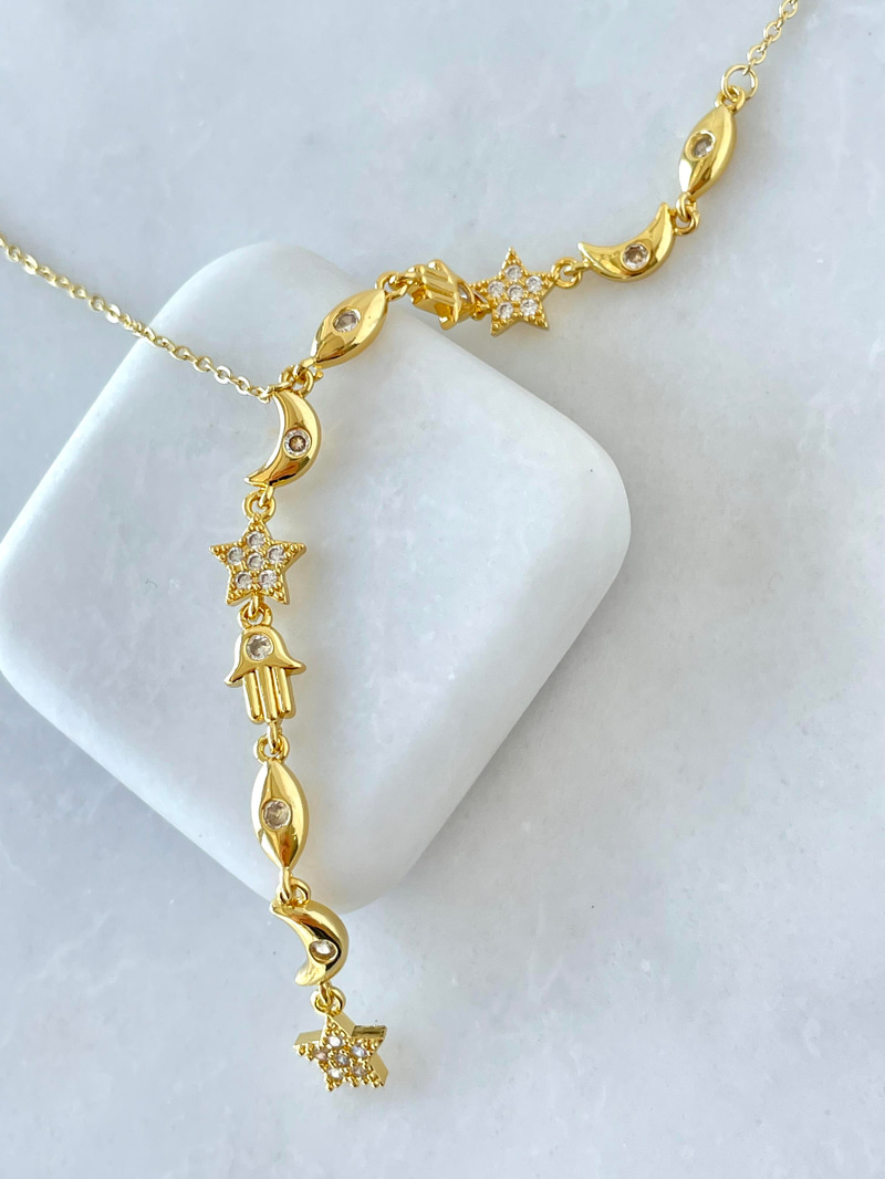 Çelik Gömme Taşlı Ay Yıldız Sallantılı Y Model Kolye Gold