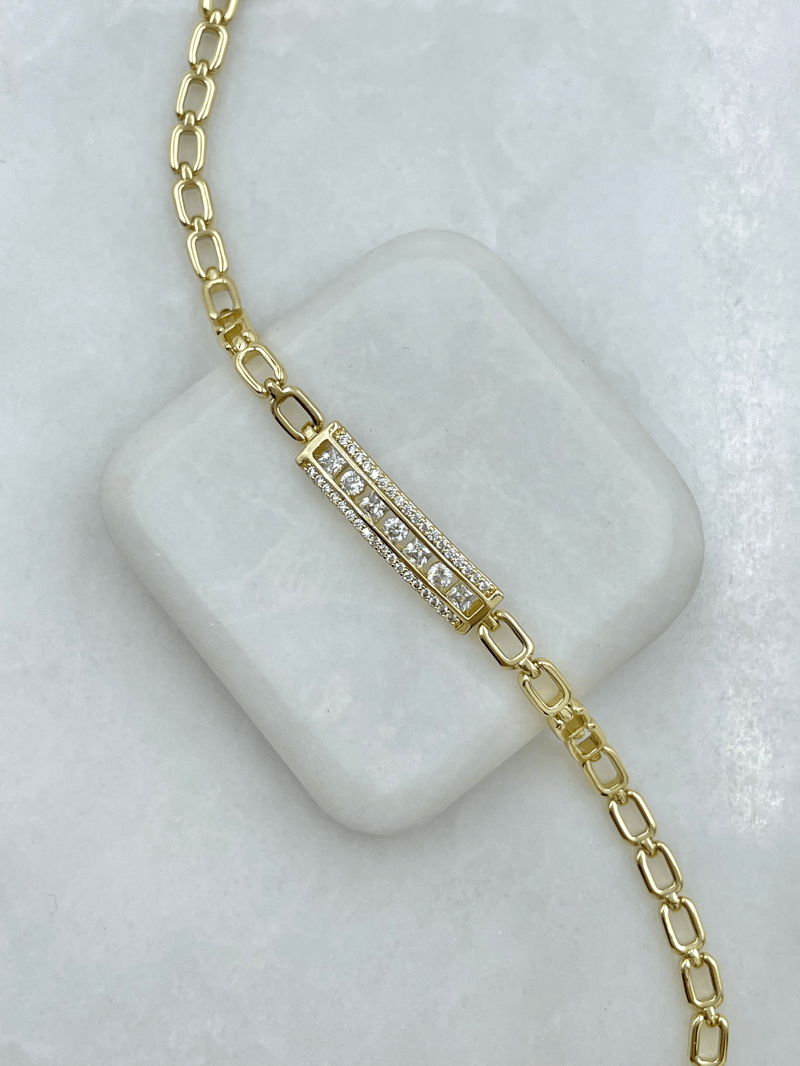Özel Seri Gömme ve Kristal Taşlı Minimal Zincir Bileklik Gold