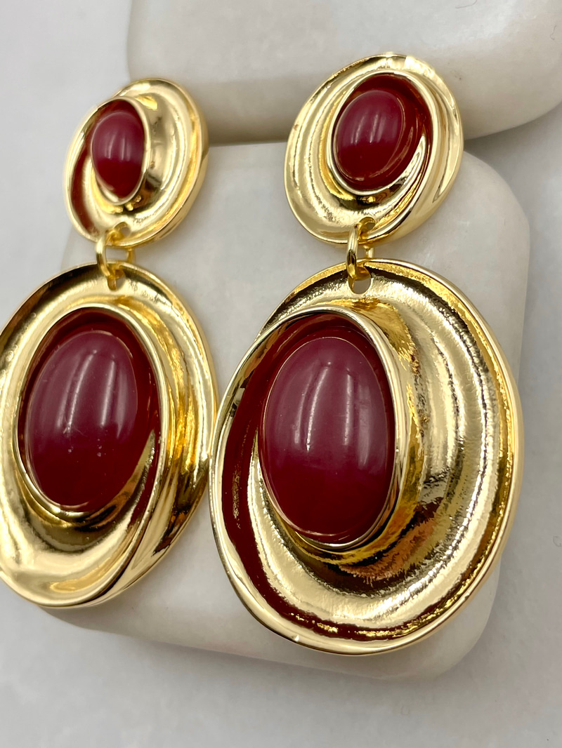 Taşlı Büyük Küçük Sarmal Vintage Küpe Bordo