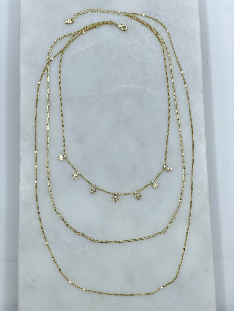 Altın Kaplama Lazer Kesim Yonca Sallantılı Minimal Üçlü Kolye Gold