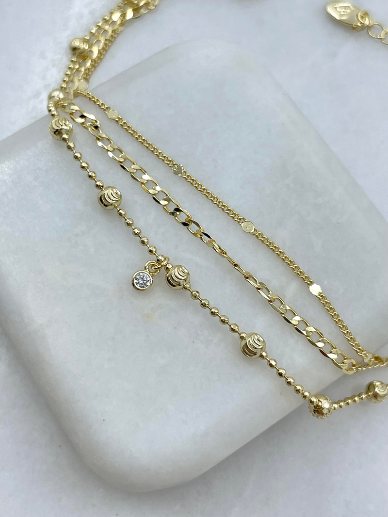 Altın Kaplama Işıltılı Topçuk Zincir Üç Sıra Bileklik Gold