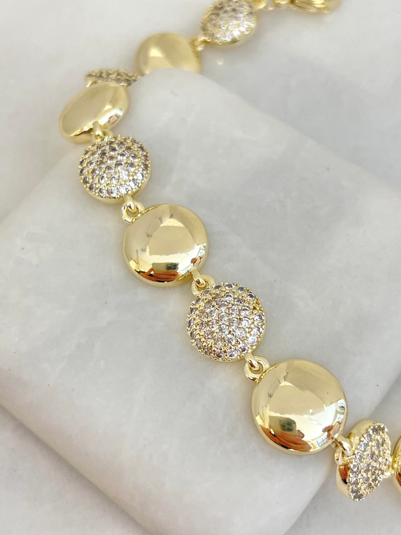 Altın Kaplama Zirkon Taşlı Dizi Bombe Daire Bileklik Gold