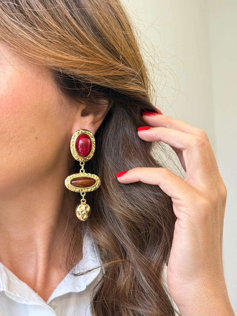 Bordo ve Kahve Taşlı Vintage Küpe Gold