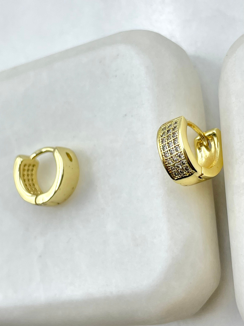 Özel Seri Üç Sıra Gömme Taşlı Halka Küpe 1.3 cm Gold