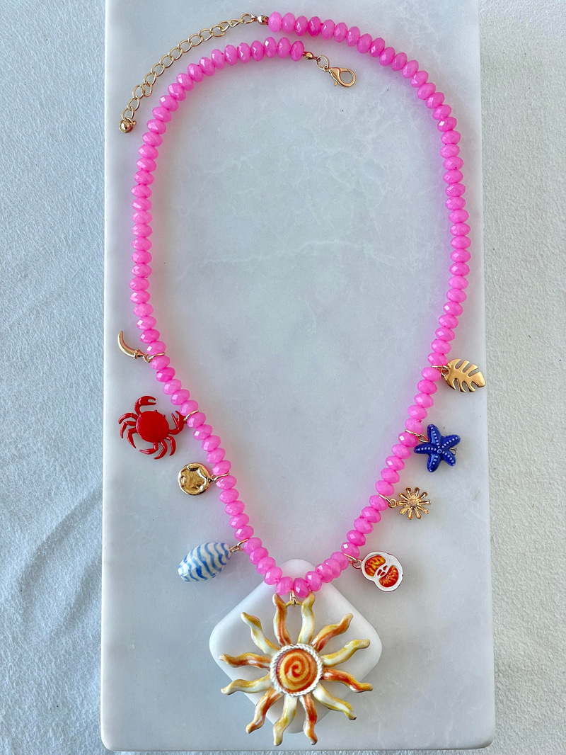 Pembe Kristal Boncuklu Deniz Temalı Bohem Kolye Gold