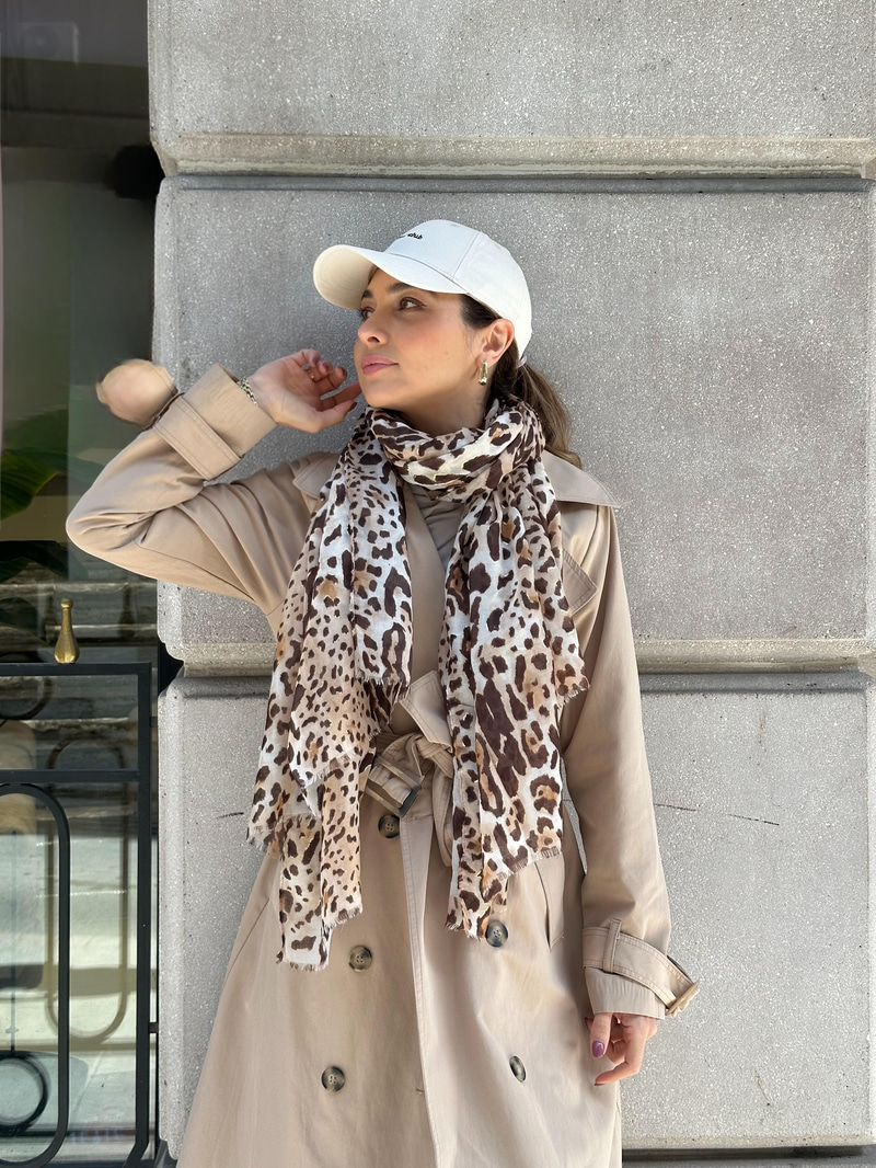 Leopar Desenli Varaklı Şal 90x180 cm Vizon