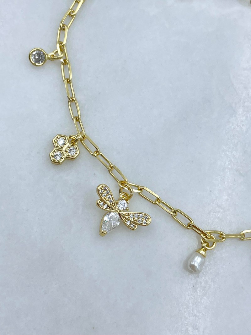 Altın Kaplama Arı ve Petek Sallantılı Bileklik Gold