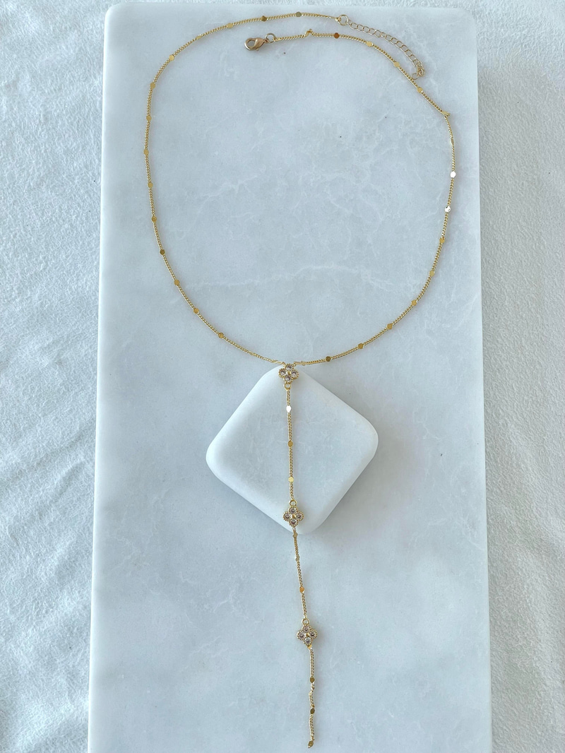 Altın Kaplama Kristal Çiçek ve Pul Zincir Y Model Kolye Gold