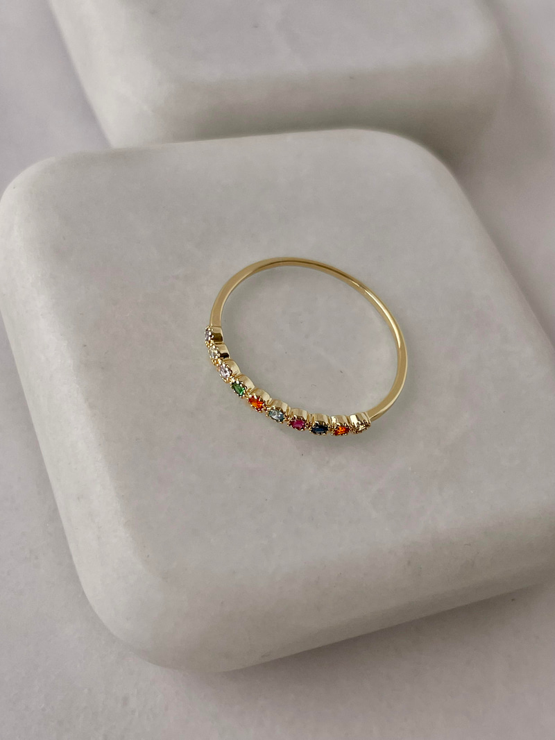 Altın Kaplama Renkli Kristal Taşlı Minimal Yüzük Gold