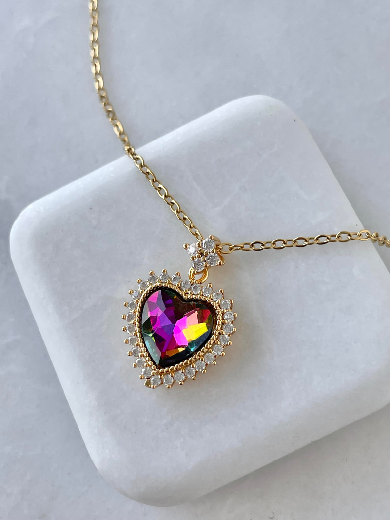 Çelik Renkli Kristal Taşlı Kalp Kolye Gold
