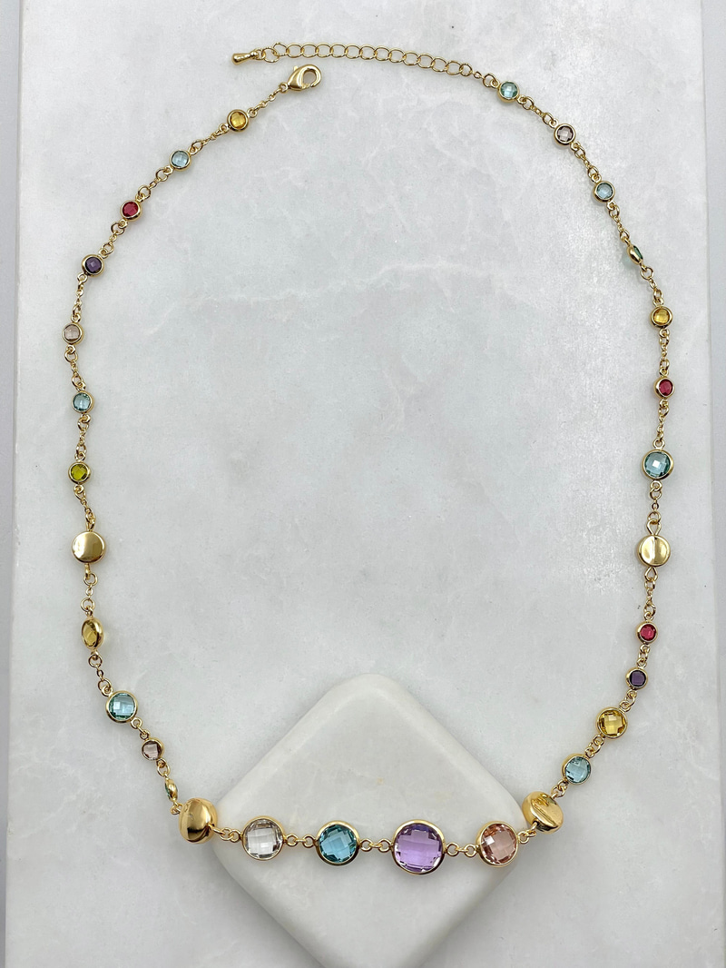 Büyük Küçük Renkli Kristal Taşlı Daire Kolye Gold