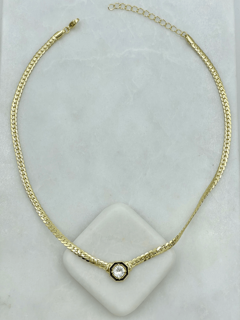 Altın Kaplama Siyah Mineli Kristal Taşlı Kolye Gold
