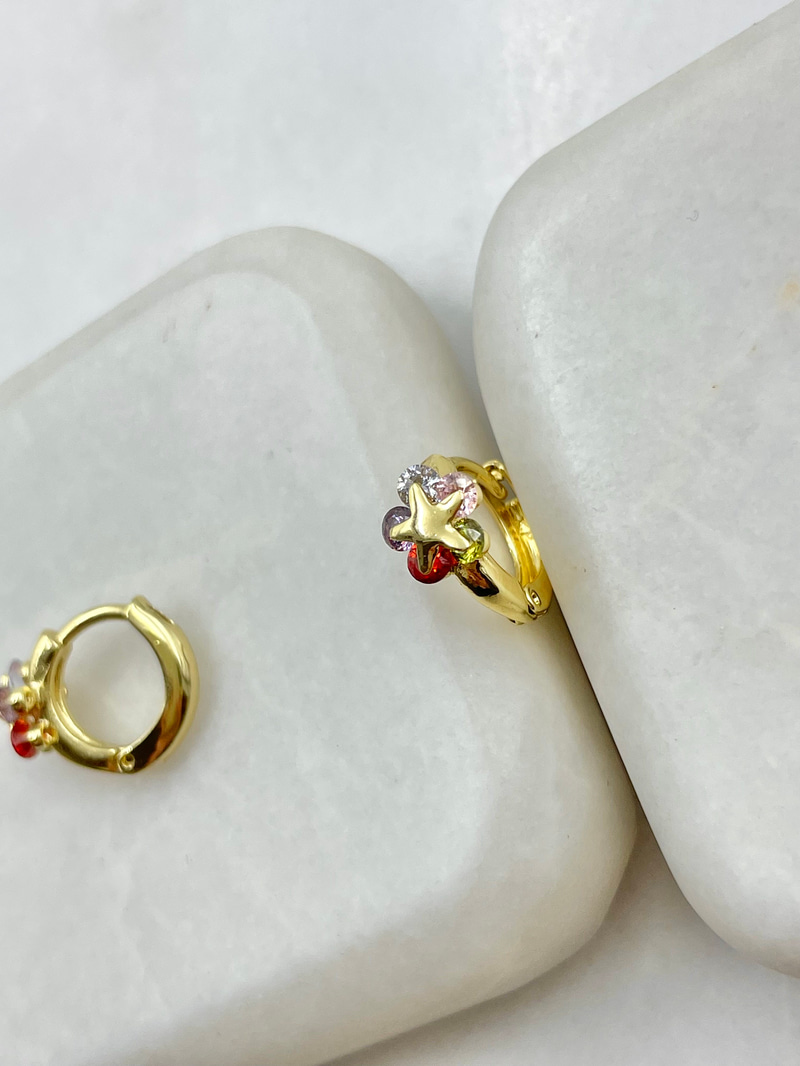 Özel Seri Renkli Kristal Taşlı Yıldız Halka Küpe Gold