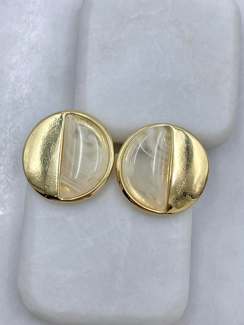 Altın Kaplama Gold Detaylı Daire Plaka Vintage Küpe Ekru