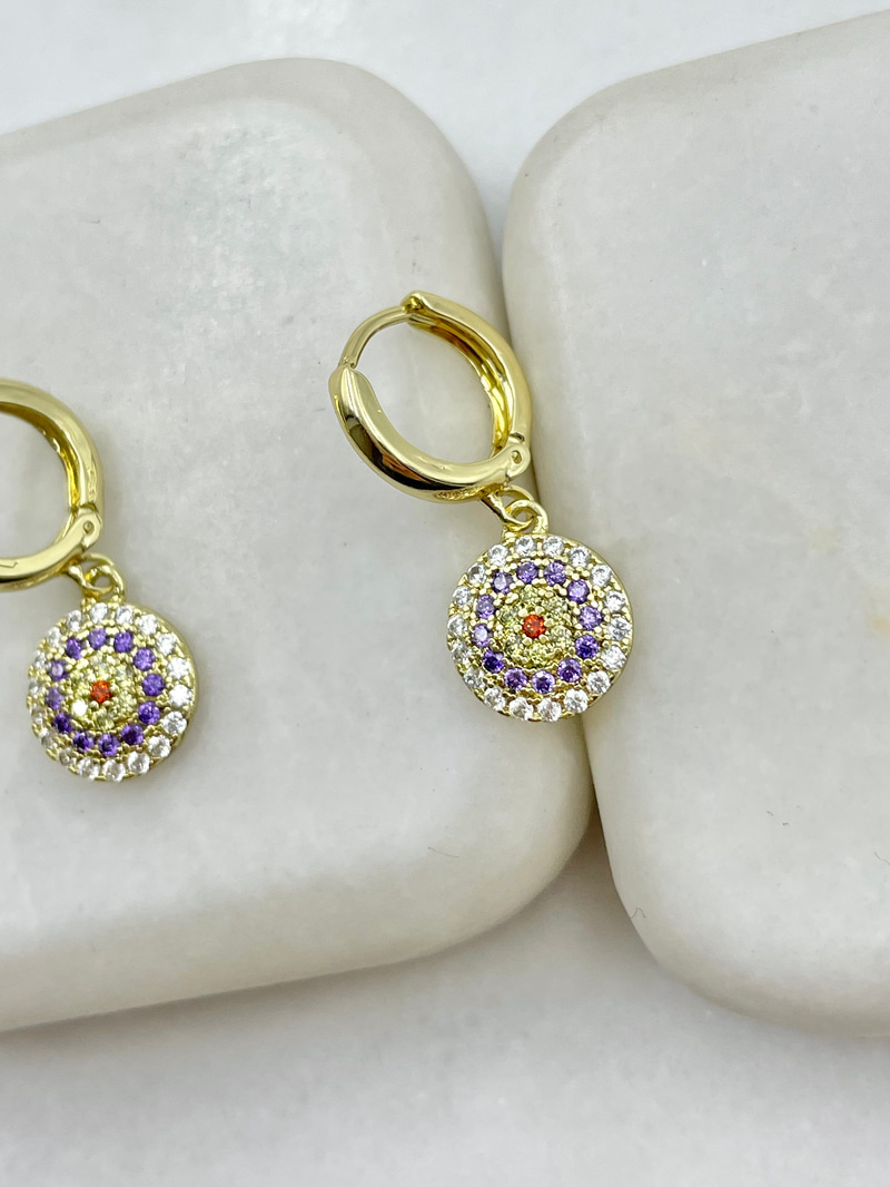 Özel Seri Mor Gömme Taşlı Daire Sallantılı Küpe Gold