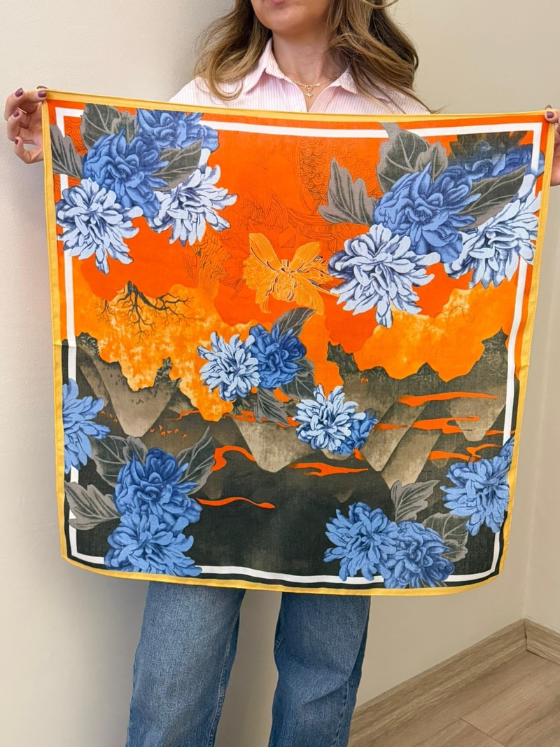 Japon Stili Pamuk Dokulu Turuncu Şal 65 x 65 cm Renkli
