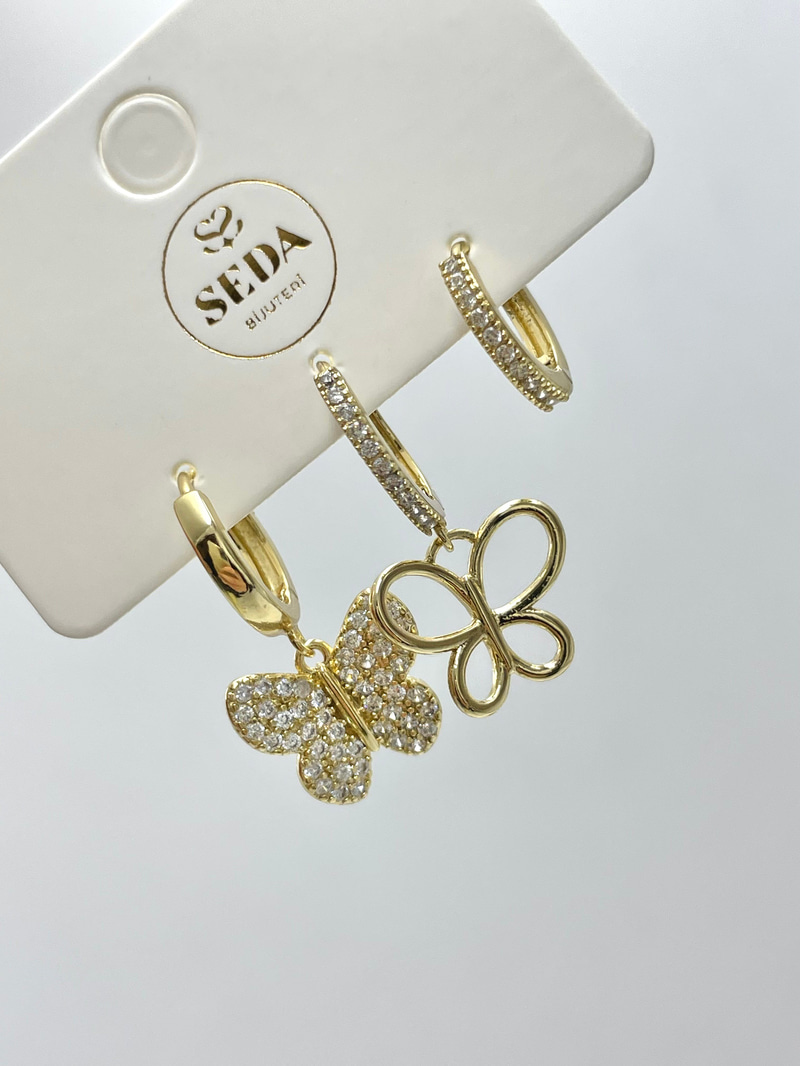 Özel Seri Kelebek Model Üçlü Set Küpe Gold