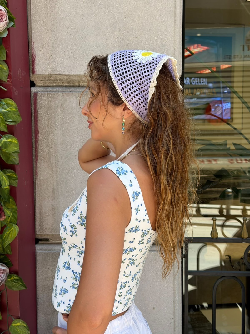 İkili Papatya Model Üçgen İpli Bandana Mor