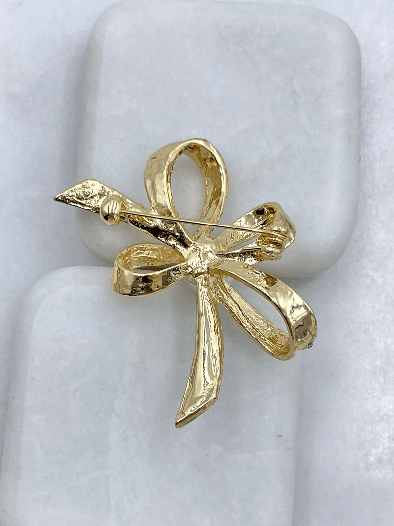 İncili ve Gömme Taşlı Fiyonk Broş Gold