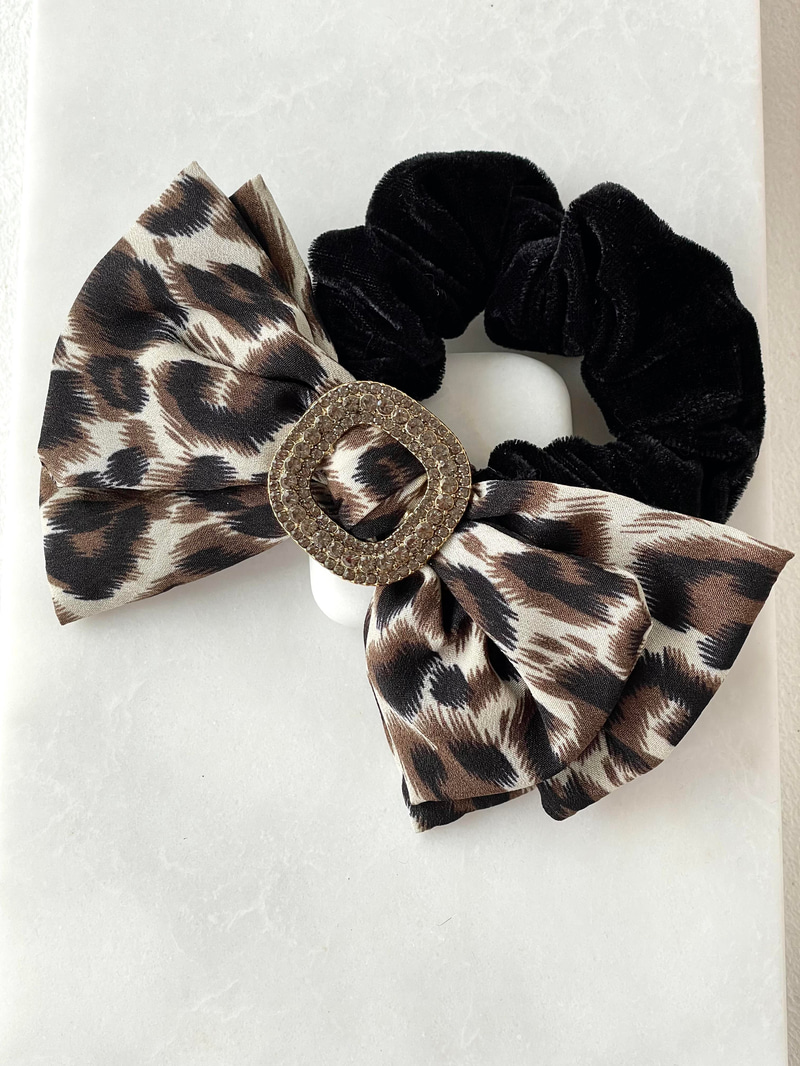 Kristal Taşlı Leopar Kadife Scrunchie Toka Siyah