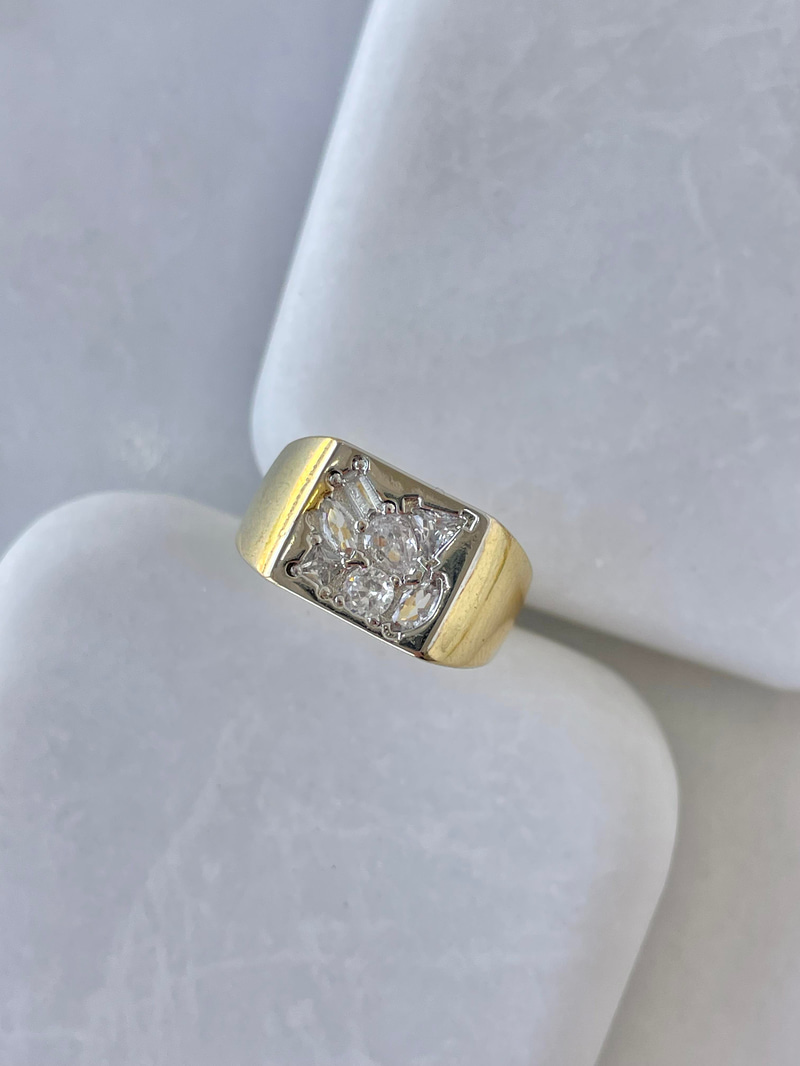 Altın Kaplama Kristal Taşlı Çift Renk Kare Serçe Parmak Yüzüğü Gold